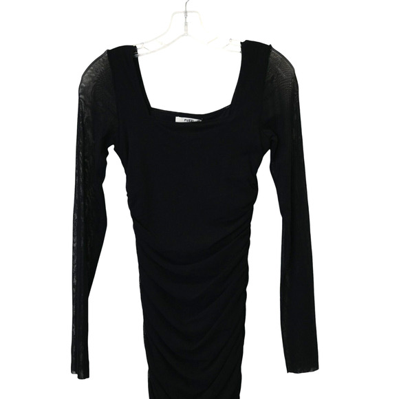 Fuzzi Ruched Bodycon Dress Size M Medium Black Long Sleeve Square Neck Mesh - Picture 2 of 8